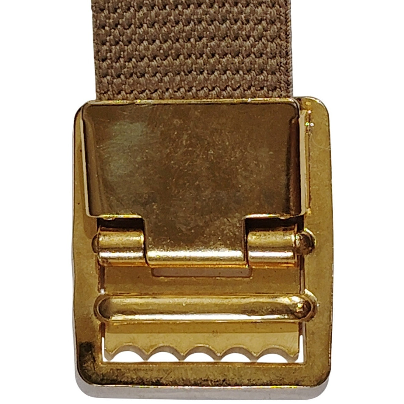 37" x 1-1/4" Khaki Web Belt – Slide Buckle, Marked U.S., PB (Premier Brass)
