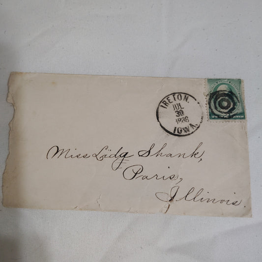 1886 U.S. Postal Cover, 2¢ George Washington, Used, Ireton, Iowa to Paris, Ill.