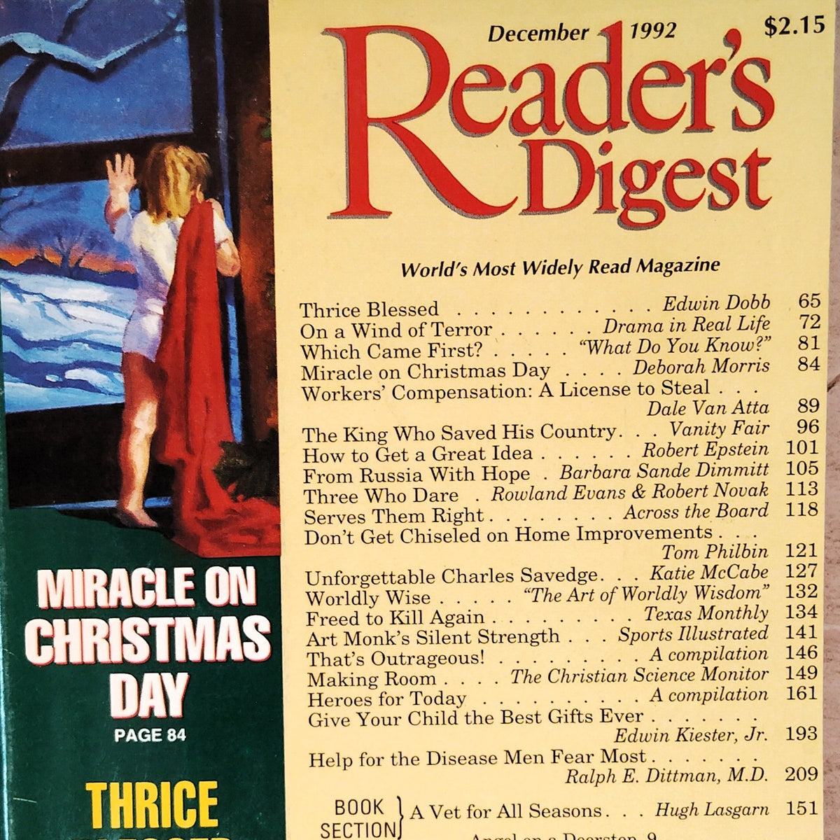 Reader's Digest December 1992 Magazine Miracle on Christmas Day Vintage