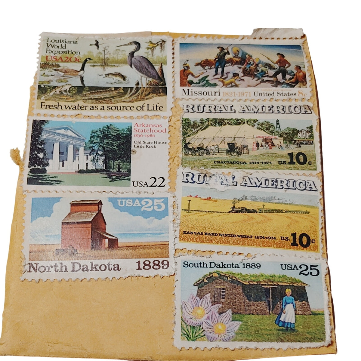 Vintage US Postage Stamps Collection - Historical & Nature Art on Tan Backing