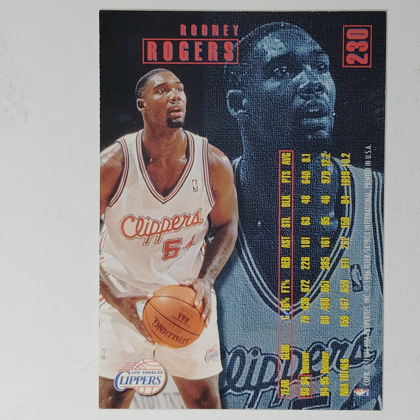 1995-96 Fleer Rodney Rogers Card No. 230 – Clippers – Forward – VG/EX