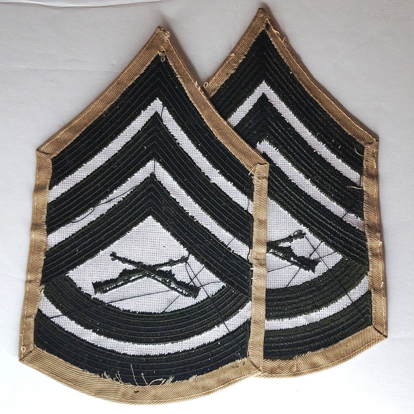 USMC Gunnery Sergeant E‑7 Chevrons Green on Khaki Male Size Pair, 6" × 3‑5/8"