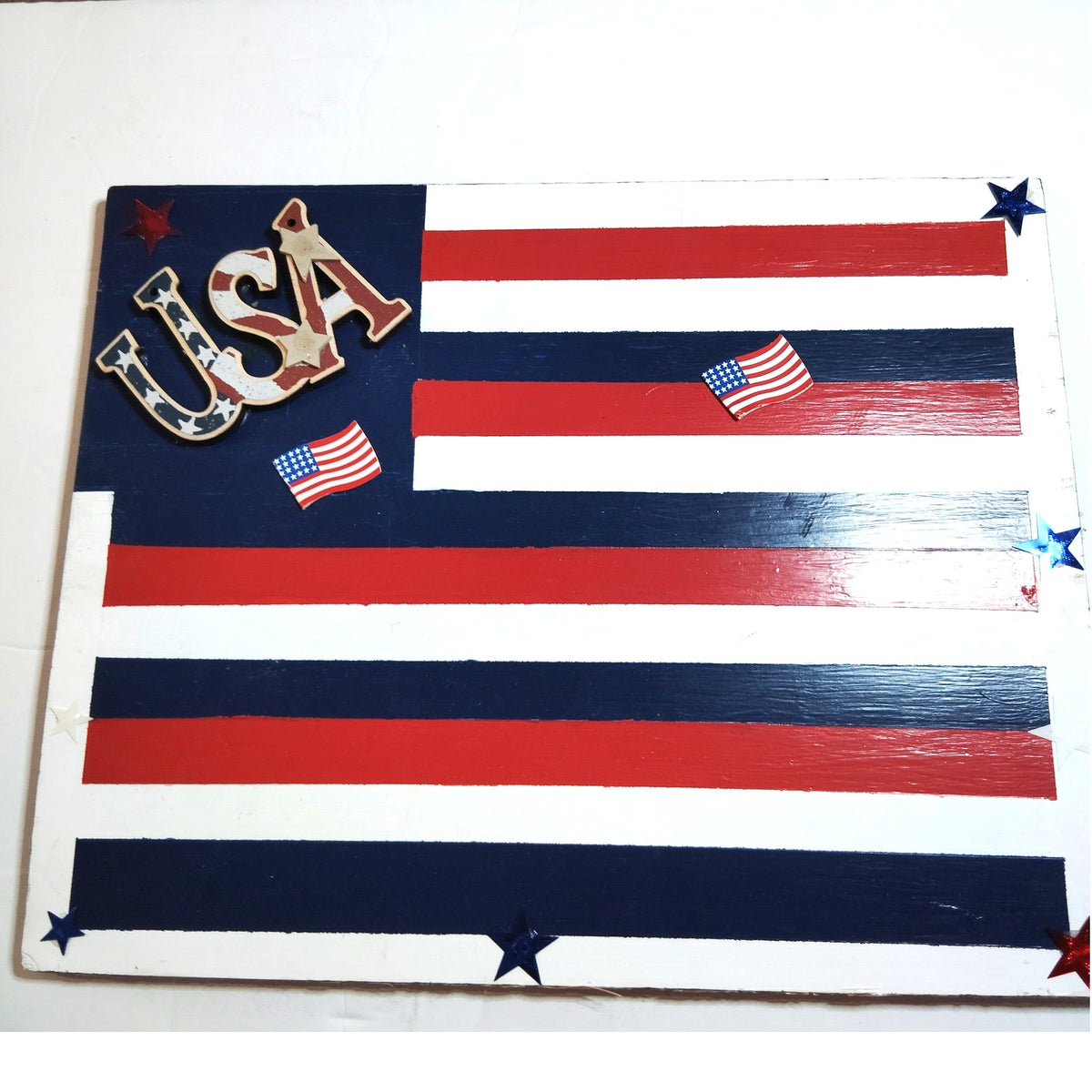 Handmade God Bless America USA Wooden Patriotic Wall Plaque 17.5x14 Red Blue