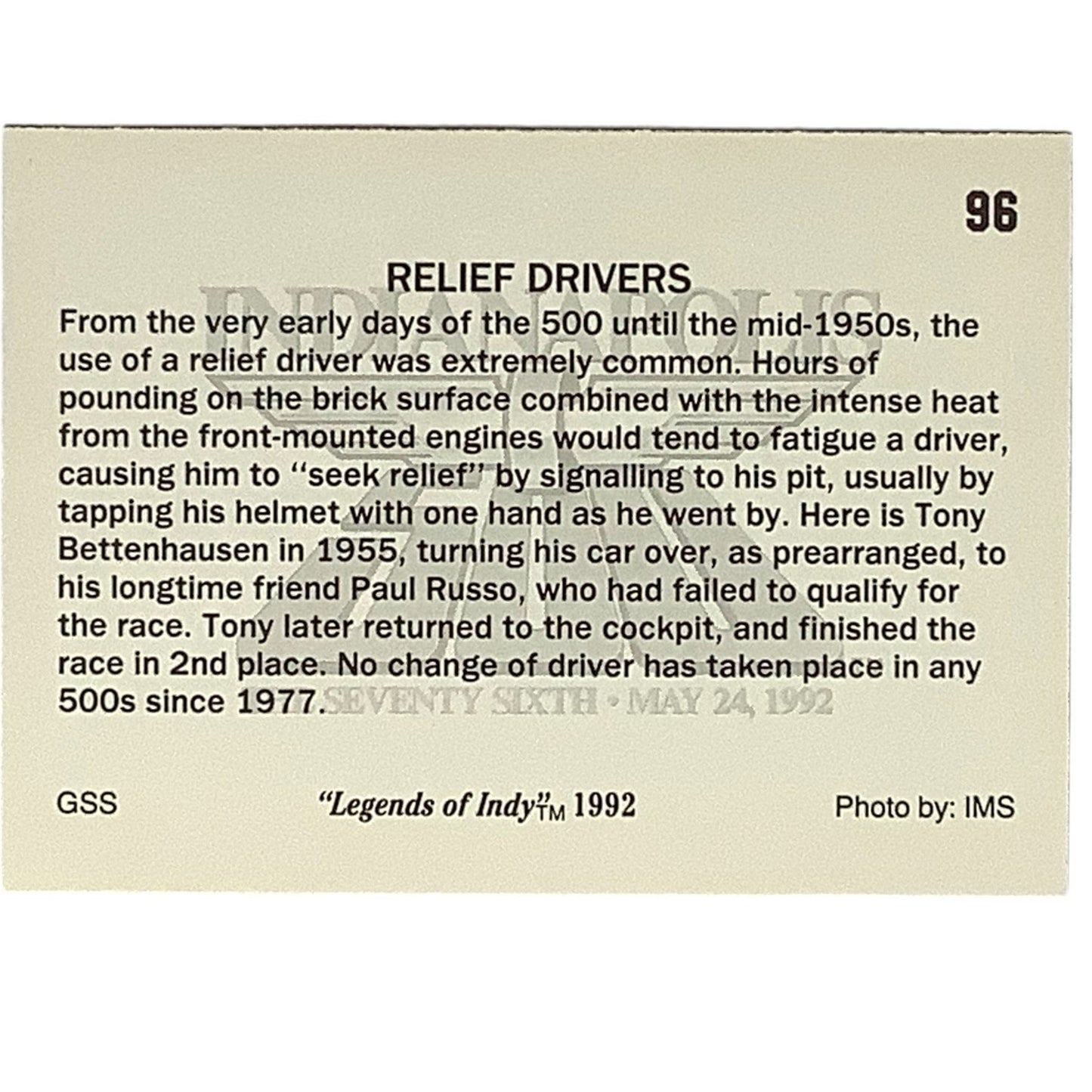 1955 Tony Bettenhausen & Relief Driver Paul Russo, 1992 Legends of Indy #96, NM+
