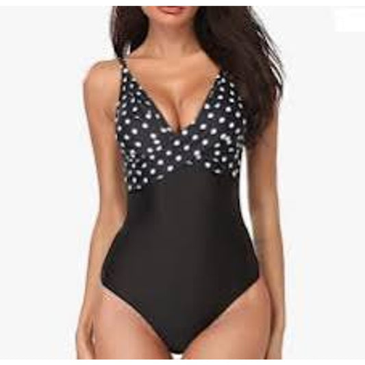 B2Prity Polka Dot One Piece Swimsuit Crossover V Neck Tummy Control Women’s L