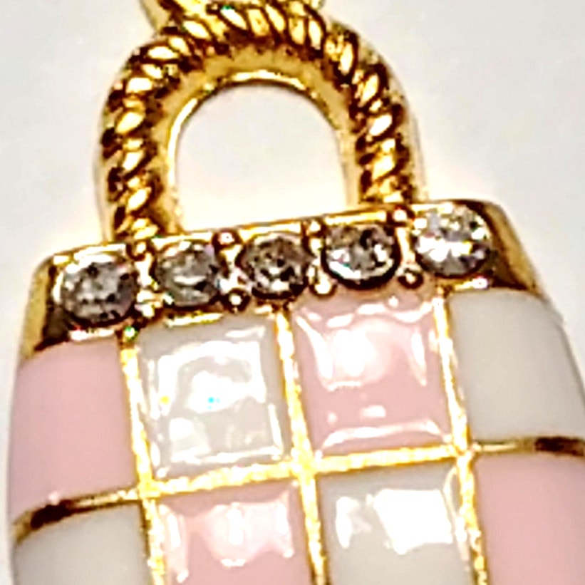 Pink Checkered Purse Charm Enamel Gold‑Tone with Rhinestones 5/8" Pendant