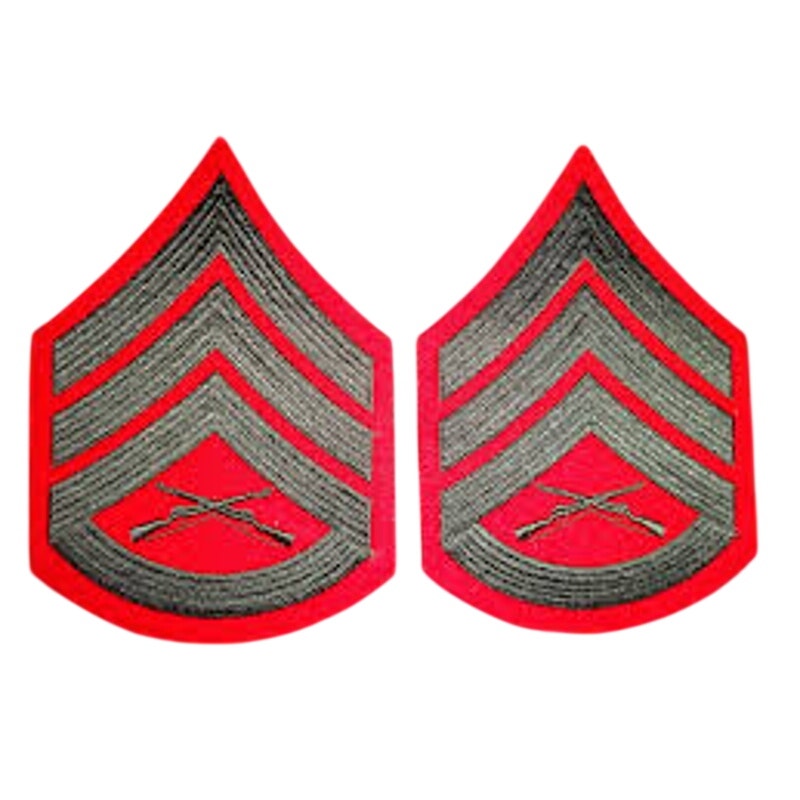 1 Set - USMC Staff Sergeant E‑6 Chevrons, Green on Red – Female  3‑3/4" × 2‑7/8"
