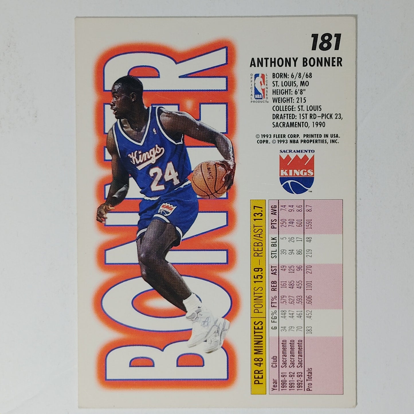 1993–94 Fleer Anthony Bonner #181 – Sacramento Kings – Forward – NBA Card