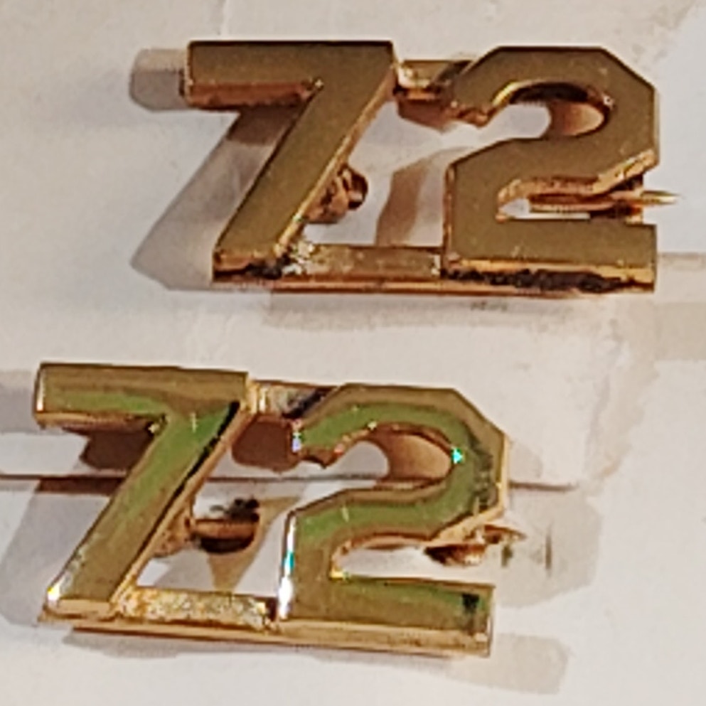 Early/Mid 1900s Brass C-Clasp "72" Collar Devices 3/8"H Hat / Lapel Pins Set