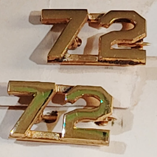 Early/Mid 1900s Brass C-Clasp "72" Collar Devices 3/8"H Hat / Lapel Pins Set