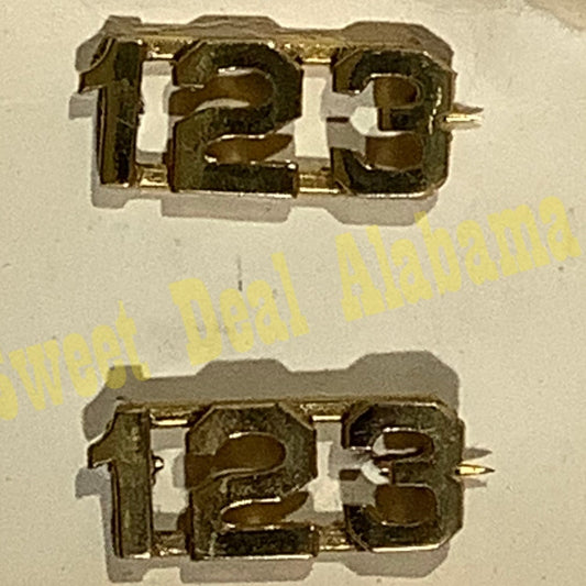 Early 1900s Brass C-Clasp Number "123" Collar Device 3/8"H Hat / Lapel Pins Set