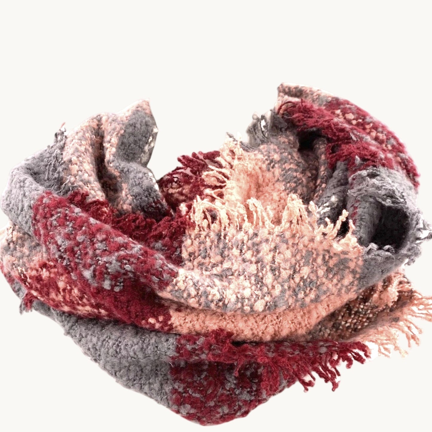 Lucky Leaf Infinity Scarf Plaid Pink/Burgundy/Gray Acrylic 34" × 18" Fall/Winter