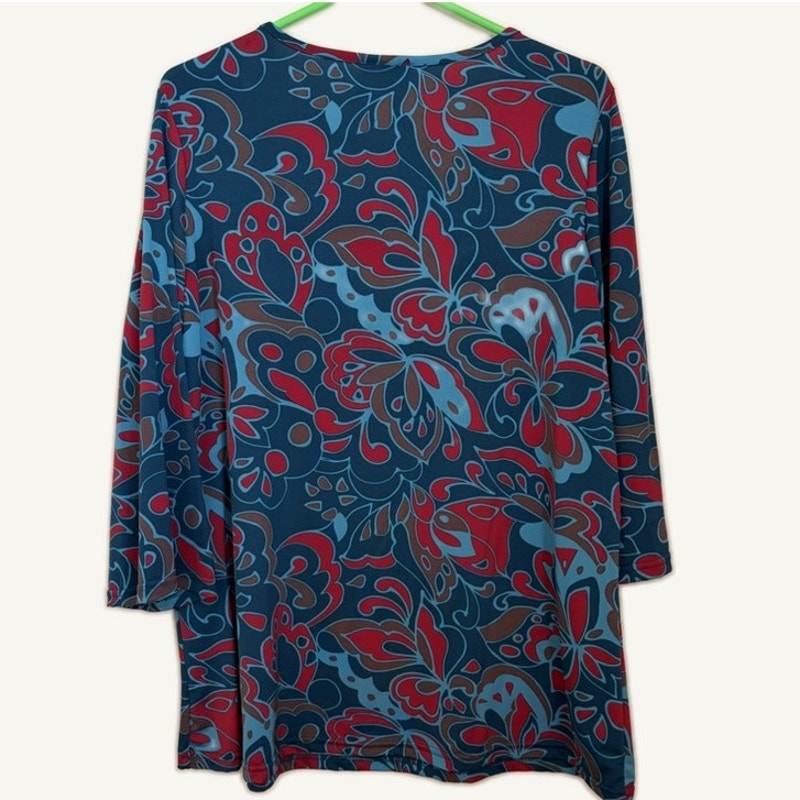 Chelsea Studio Teal & Red Floral Paisley 3/4 Sleeve Swing Hem Top M