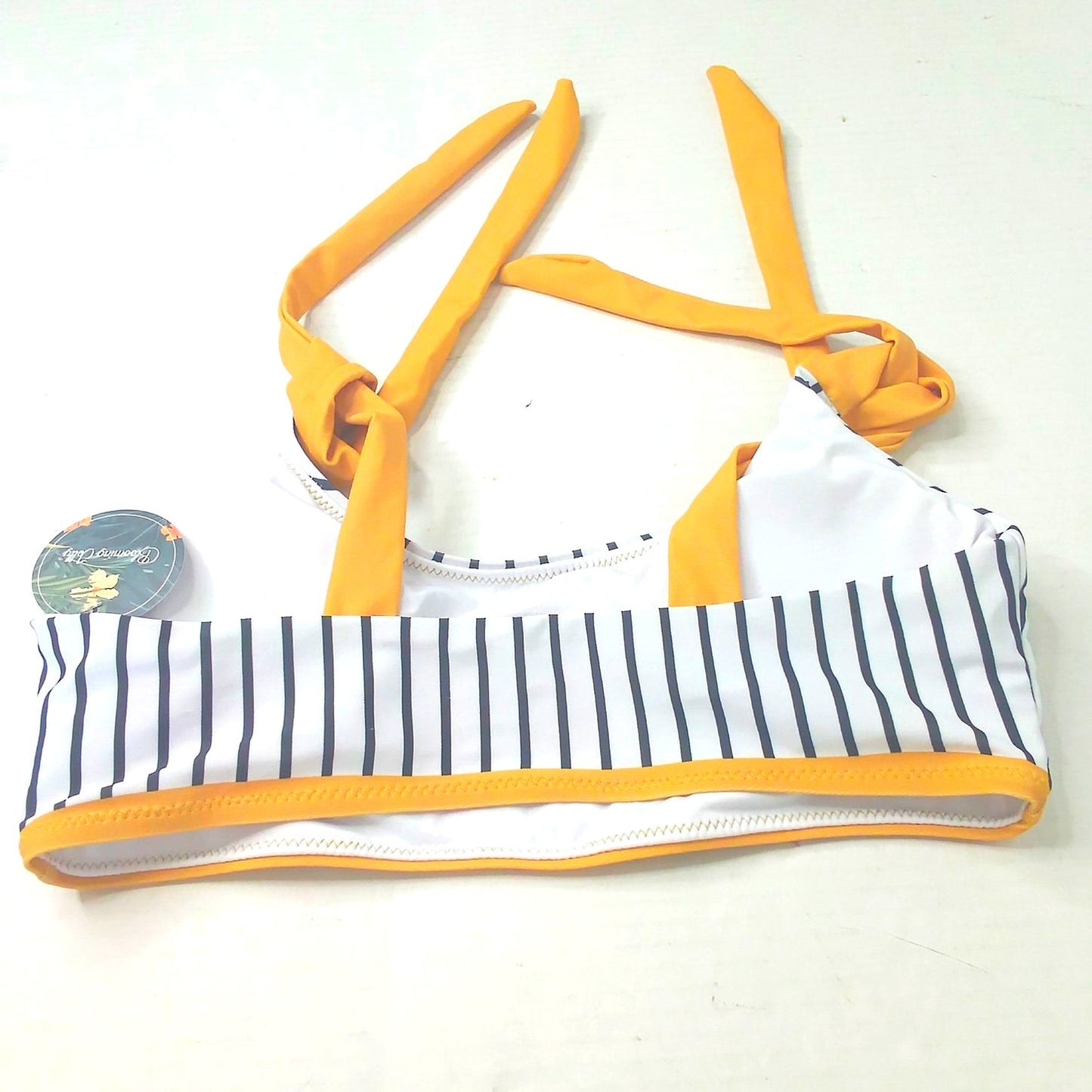 Blooming Jelly Pinstripe Bikini Top Navy White Yellow Trim Swim Top Small (2-4)