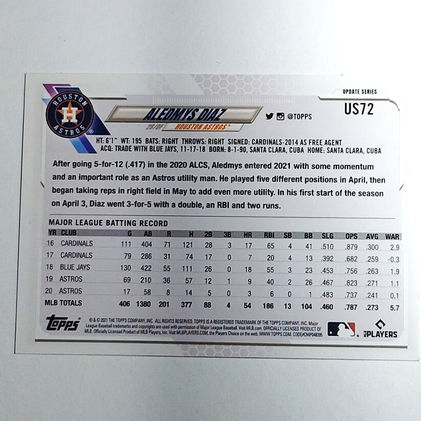 2021 Topps Update Aledmys Diaz Houston Astros 2B/OF Card #US72 VG/EX