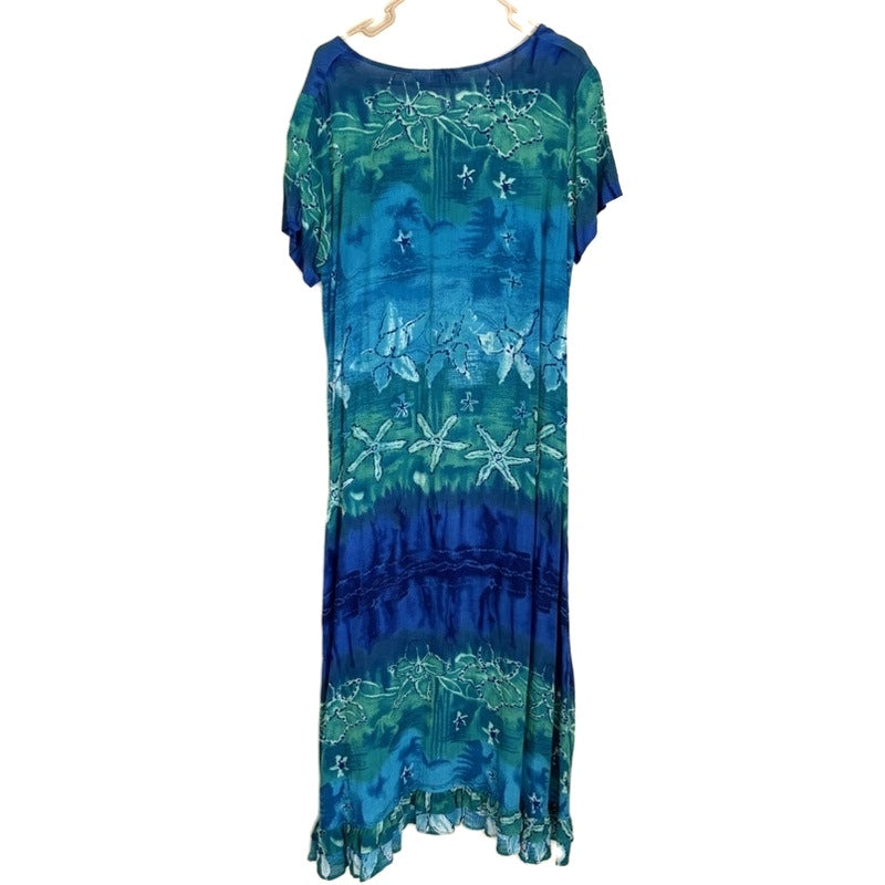 La Cera Blue Green Tie-Dye Floral Rayon Short Sleeve Maxi Dress Size L Boho