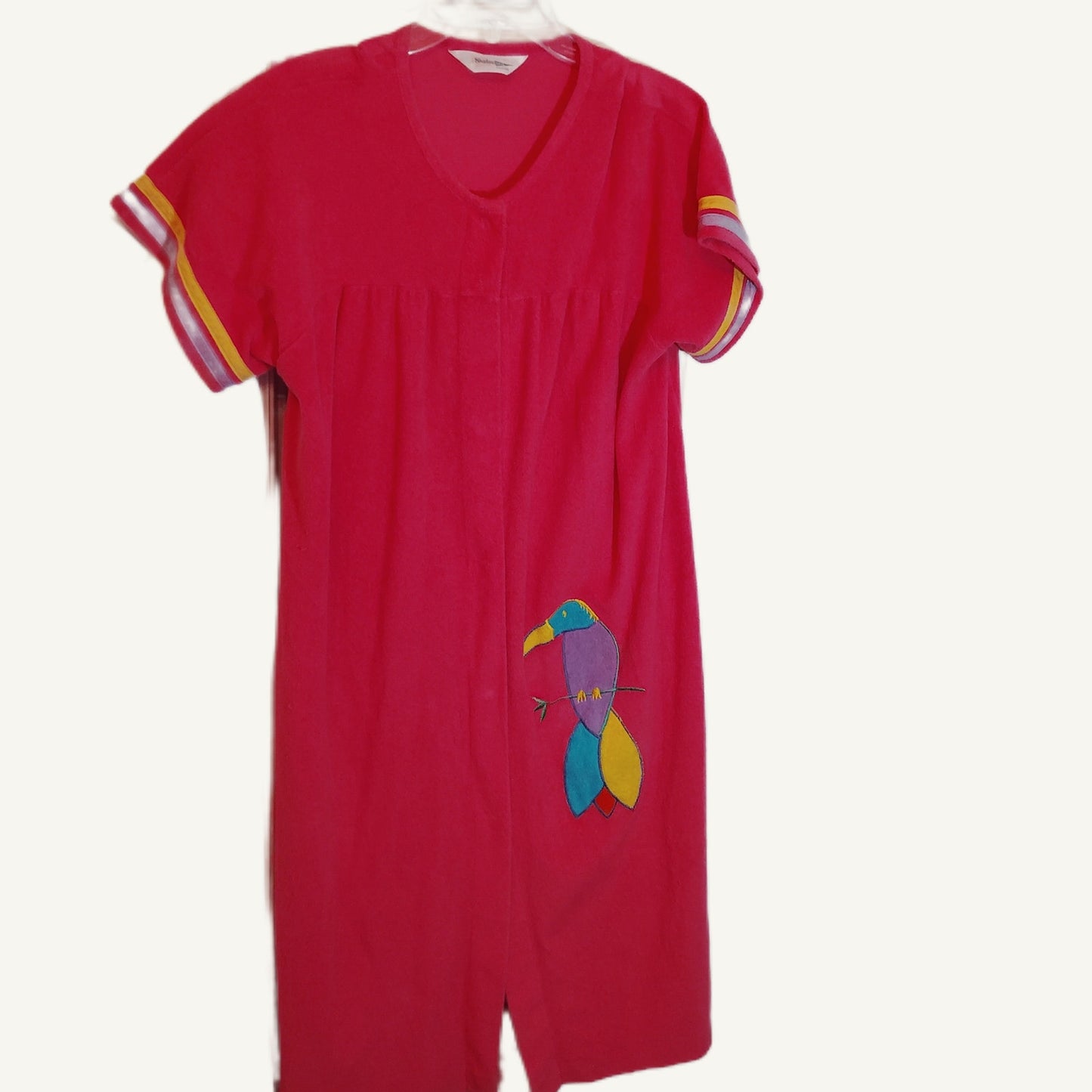 Vintage Shadowline Terry Cloth Robe Pink Embroidered Parrot Snaps Medium