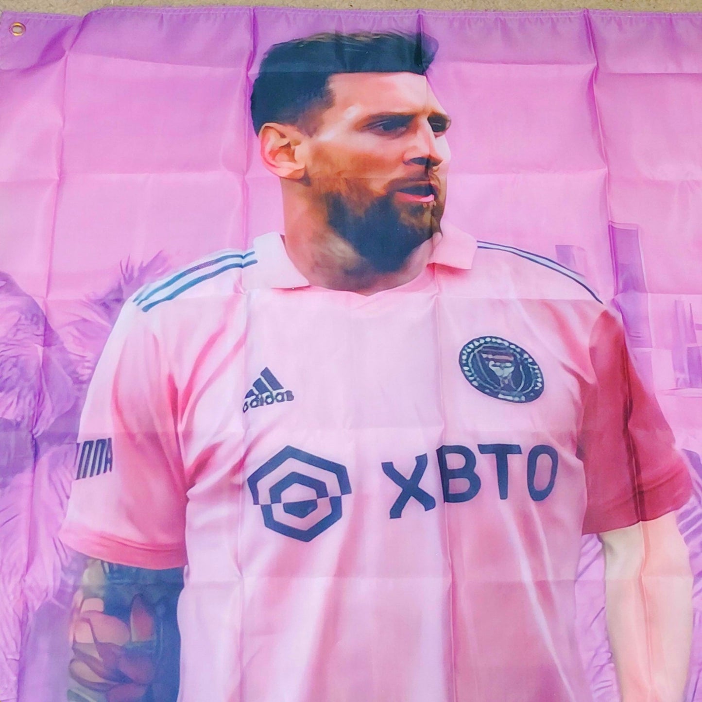 Messi Miami Soccer Flag 3×5 ft Pink/Purple Banner Canvas Header Brass Grommets