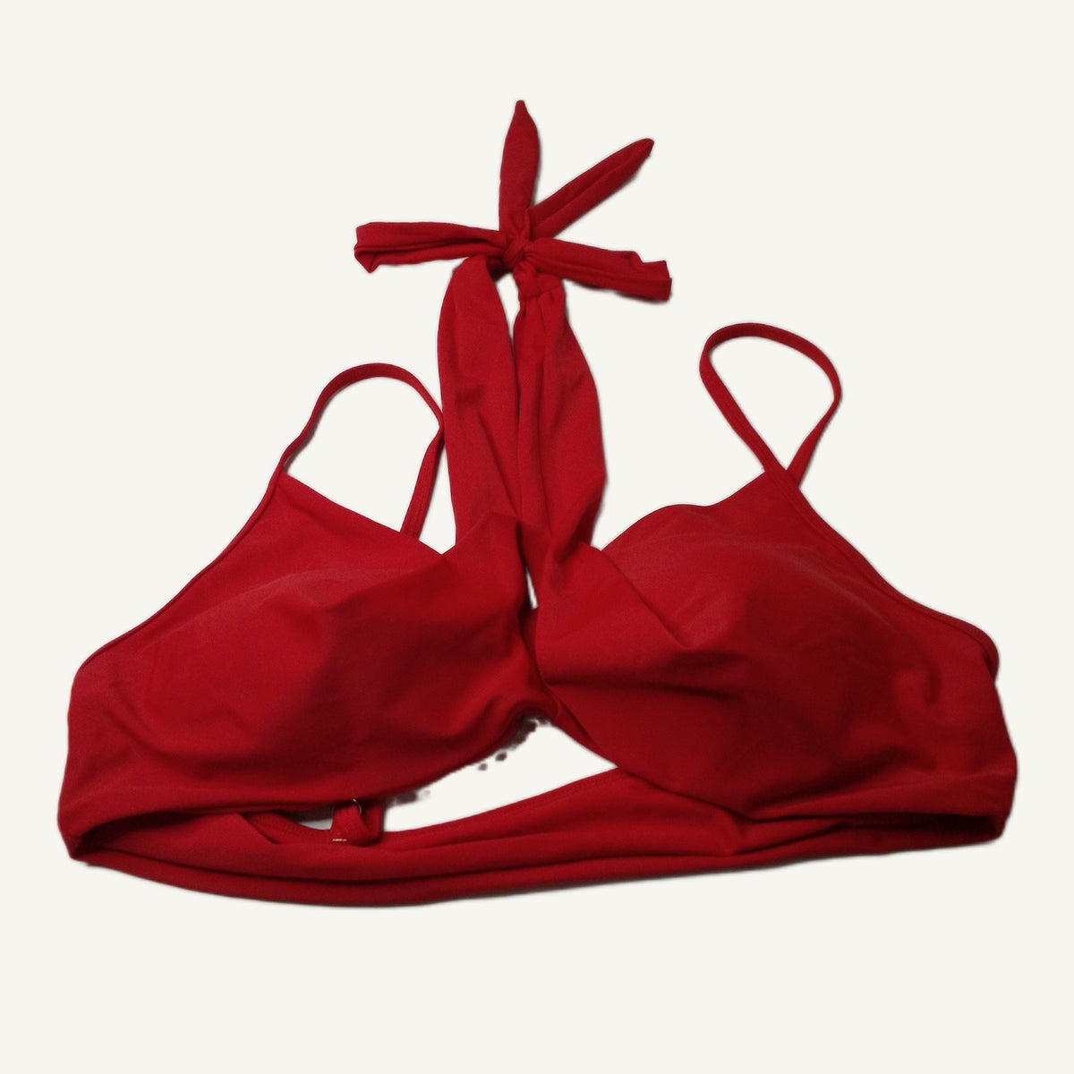 Women's Deep Red Halter Bikini Top Size XL Nylon Spandex Open Back Swimwear