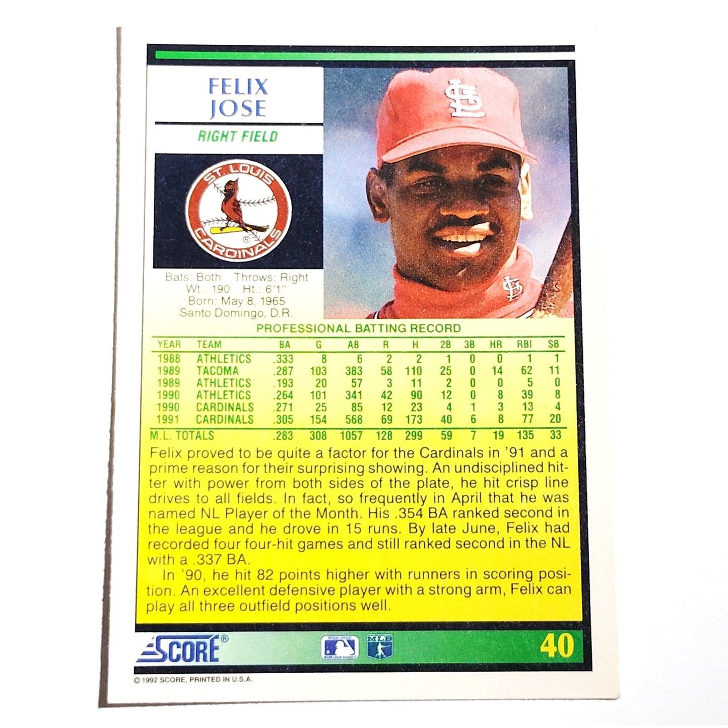 1992 Score Félix José #40 St. Louis Cardinals Outfielder MLB Baseball NM