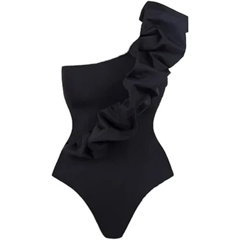 Black Ruffle 1 PC Tummy Control Swimsuit, Black, w/ Sheer Zebra Cover-Up, Small