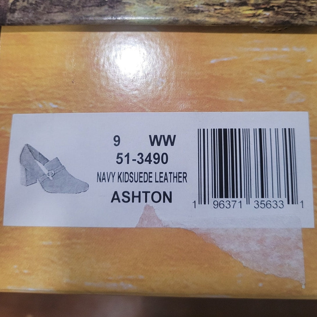 Bella Vita Ashton Pump – Navy Suede Leather, Womens 9 XW, Block Heel Square Toe