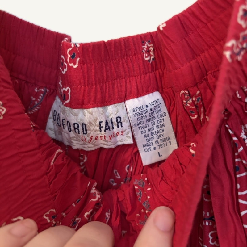 Bedford Fair Lifestyles Large Denim Jacket & Red Paisley Crinkle Skirt Set