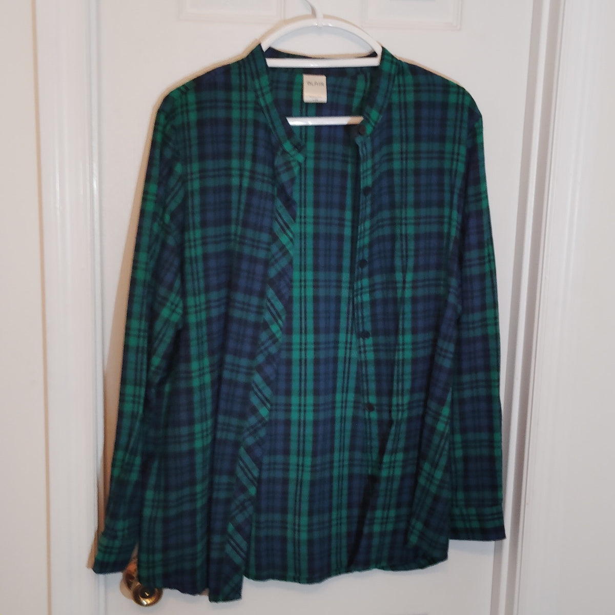 Blair Green Navy Plaid Overshirt Teal Smocked Top 2-PC Set Women’s Large EUC