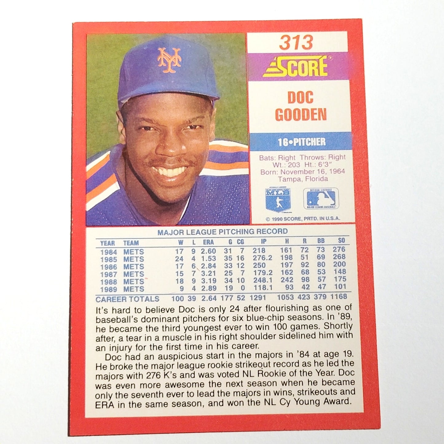 1990 Score Dwight Gooden #313 New York Mets Pitcher MLB Baseball EX