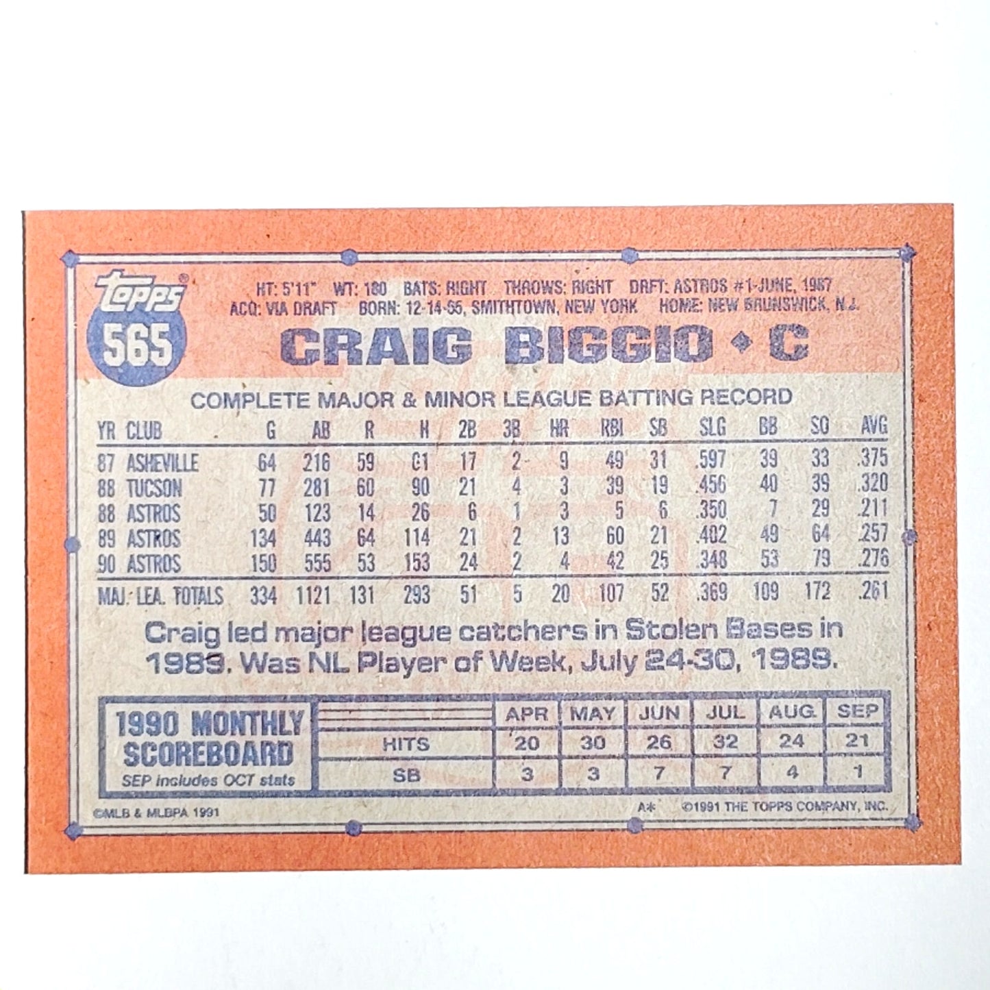 1991 Topps Craig Biggio #565 Astros C/2B HOF All Star Houston Fan Favorite VG/EX