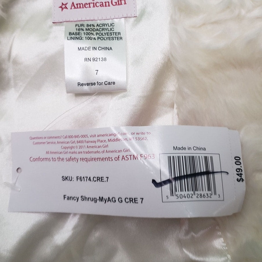 American Girl Faux Fur Cream Fancy Shrug Short Jacket For Girls, 7, NWT