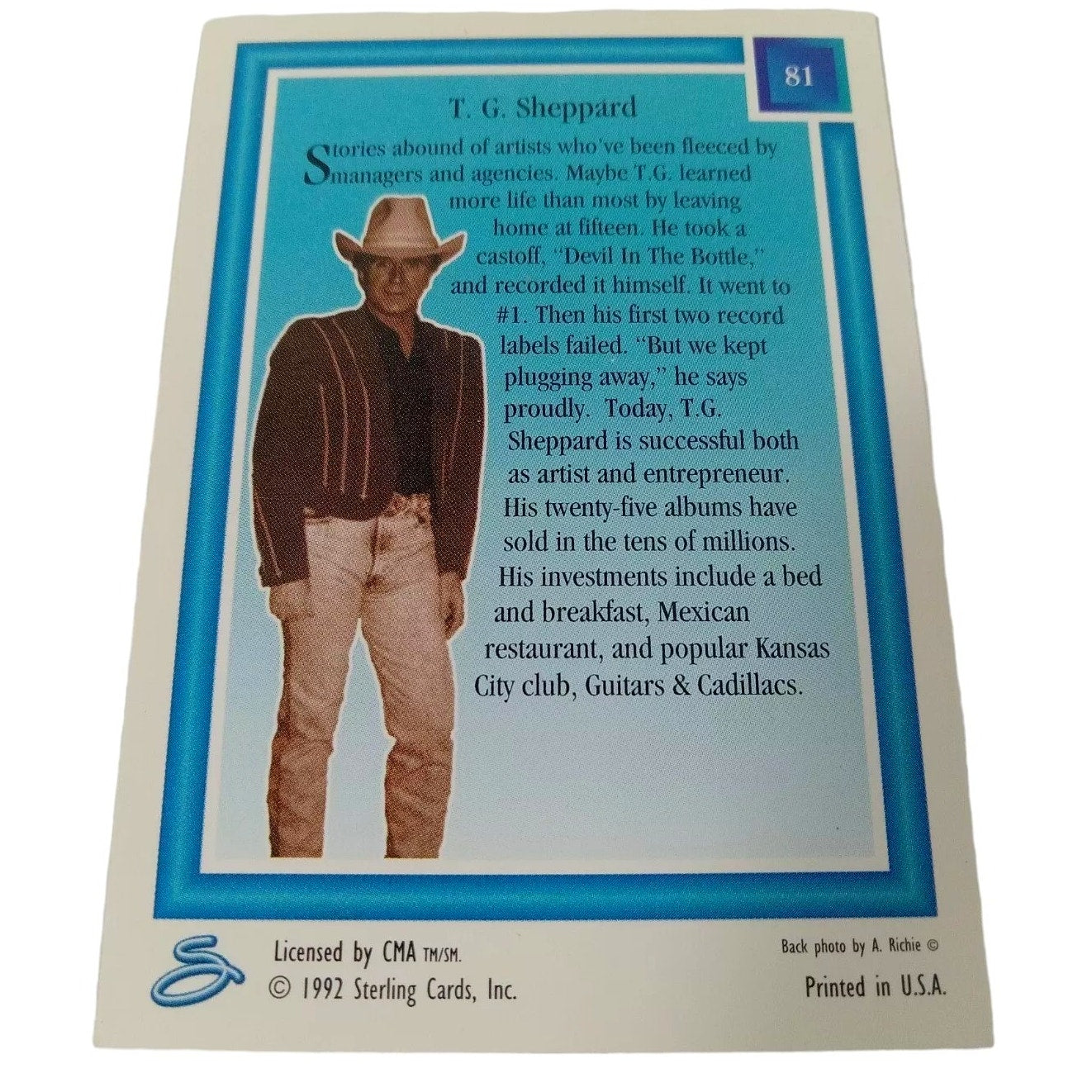 T. G. Sheppard Trading Card (Country Music) 1992 Sterling Country Gold #81, NM