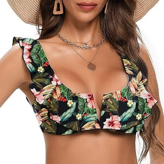 Mstuming Floral Bikini Top Flutter Sleeve Ruffle Strap Tropical Print Medium