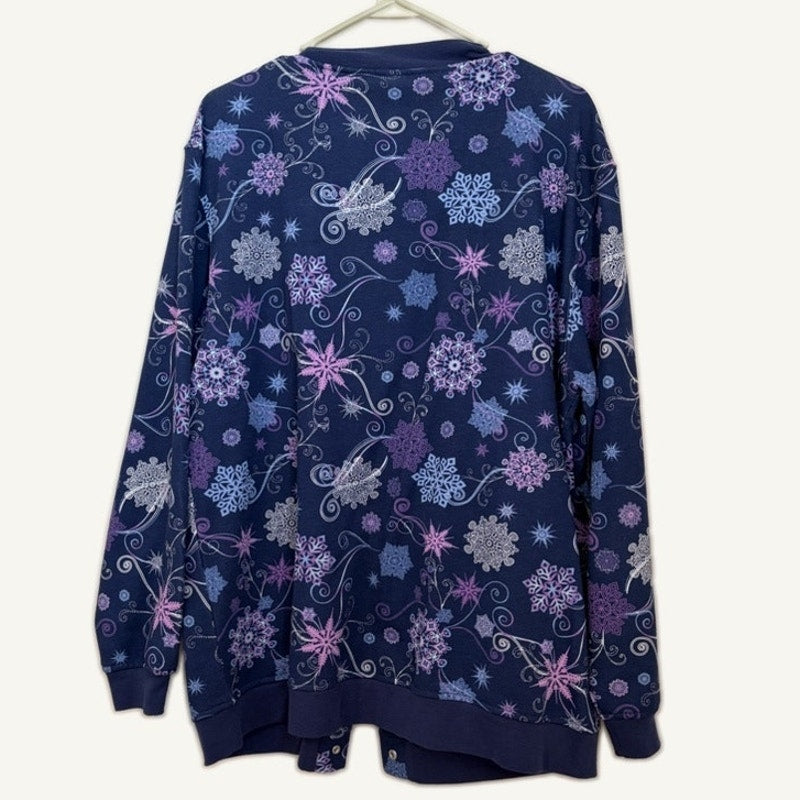 Blair Blue Snowflake Snap Front Fleece Jacket Women's L Winter Cardigan