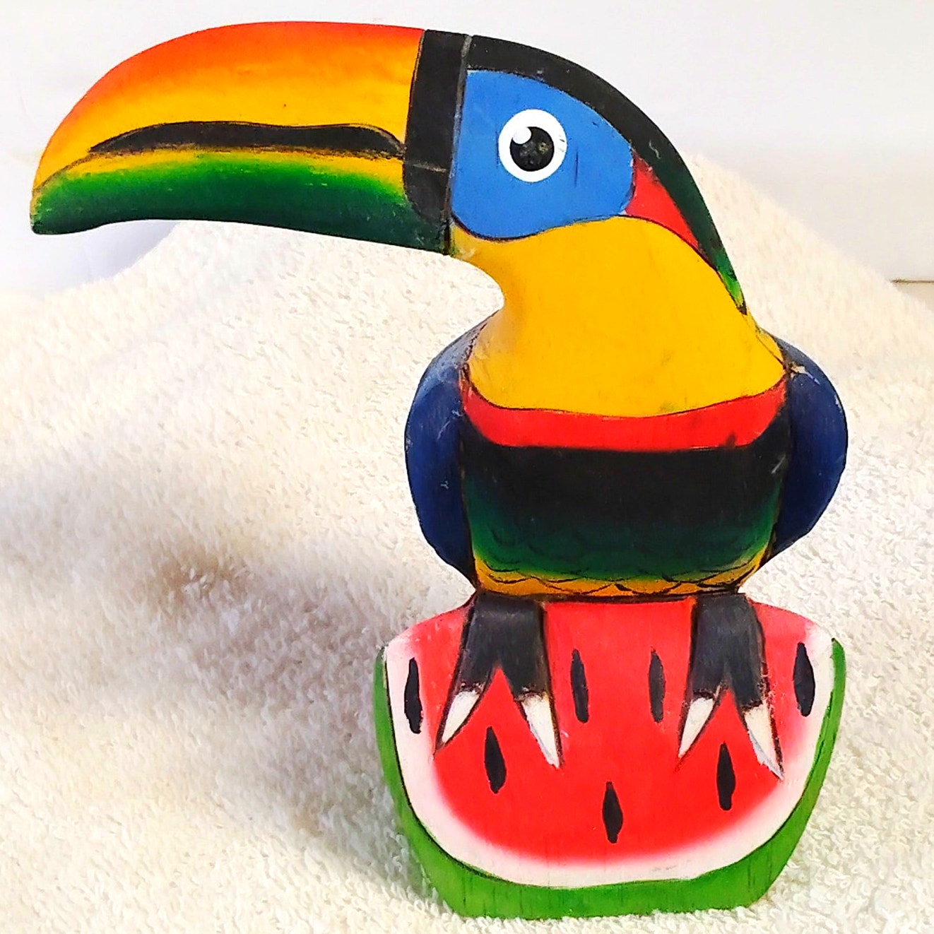 VTG Costa Rica Hand‑Carved Balsa Wood Toucan Watermelon Folk Art Figurine