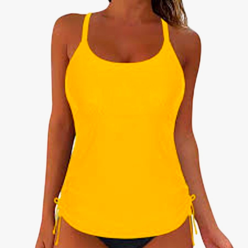 Yonique Cream Orange Tankini Top Side Tie Ruched Blouson Tummy Control 20W