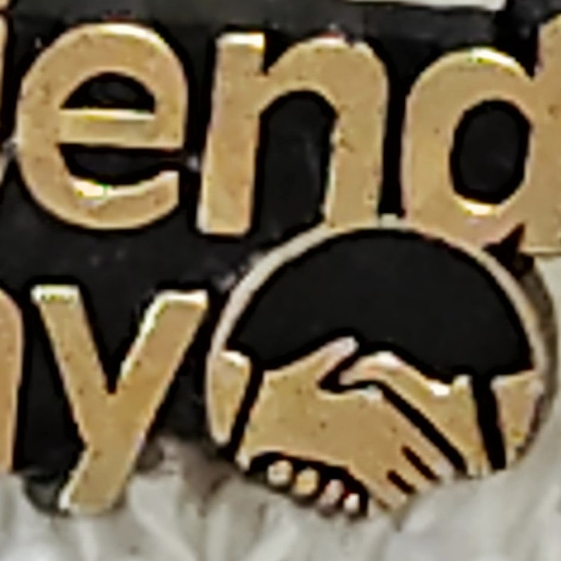 VTG "Friend Day" Lapel or Hat Pin,  Black/Gold PVC 3/4"W Fellowship Symbol