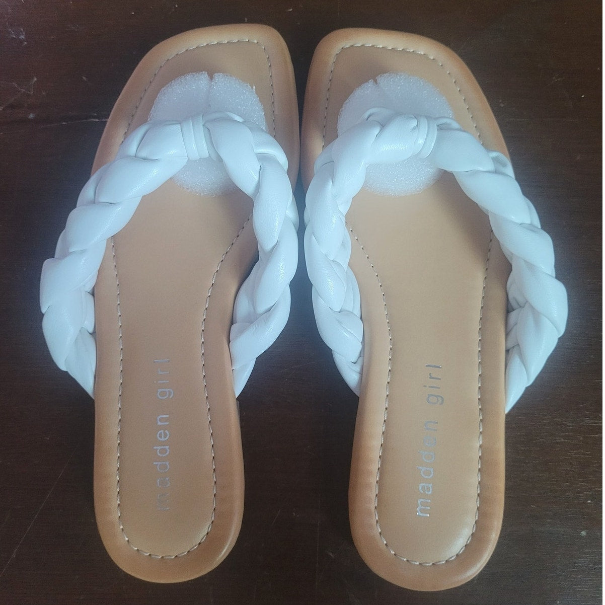 Madden Girl Precise Sandal – White Paris, Women’s 6, Braided Thong Flat Slip-On