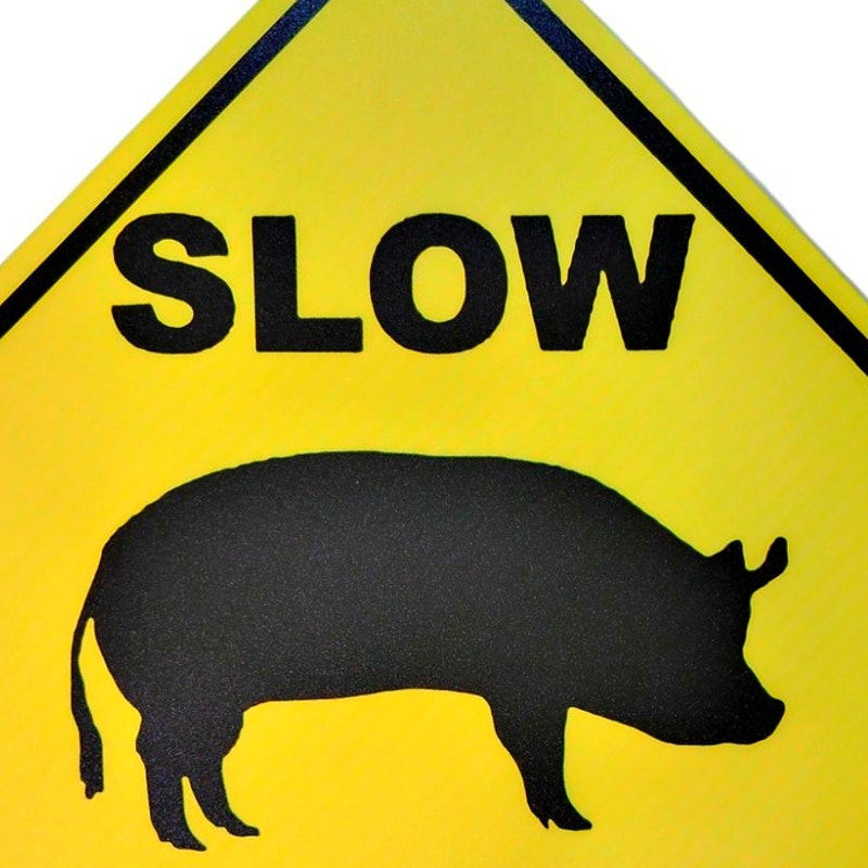 16.375" Tin Sign – “Slow - Pig Crossing” Yellow Diamond – Farm Animal Humor