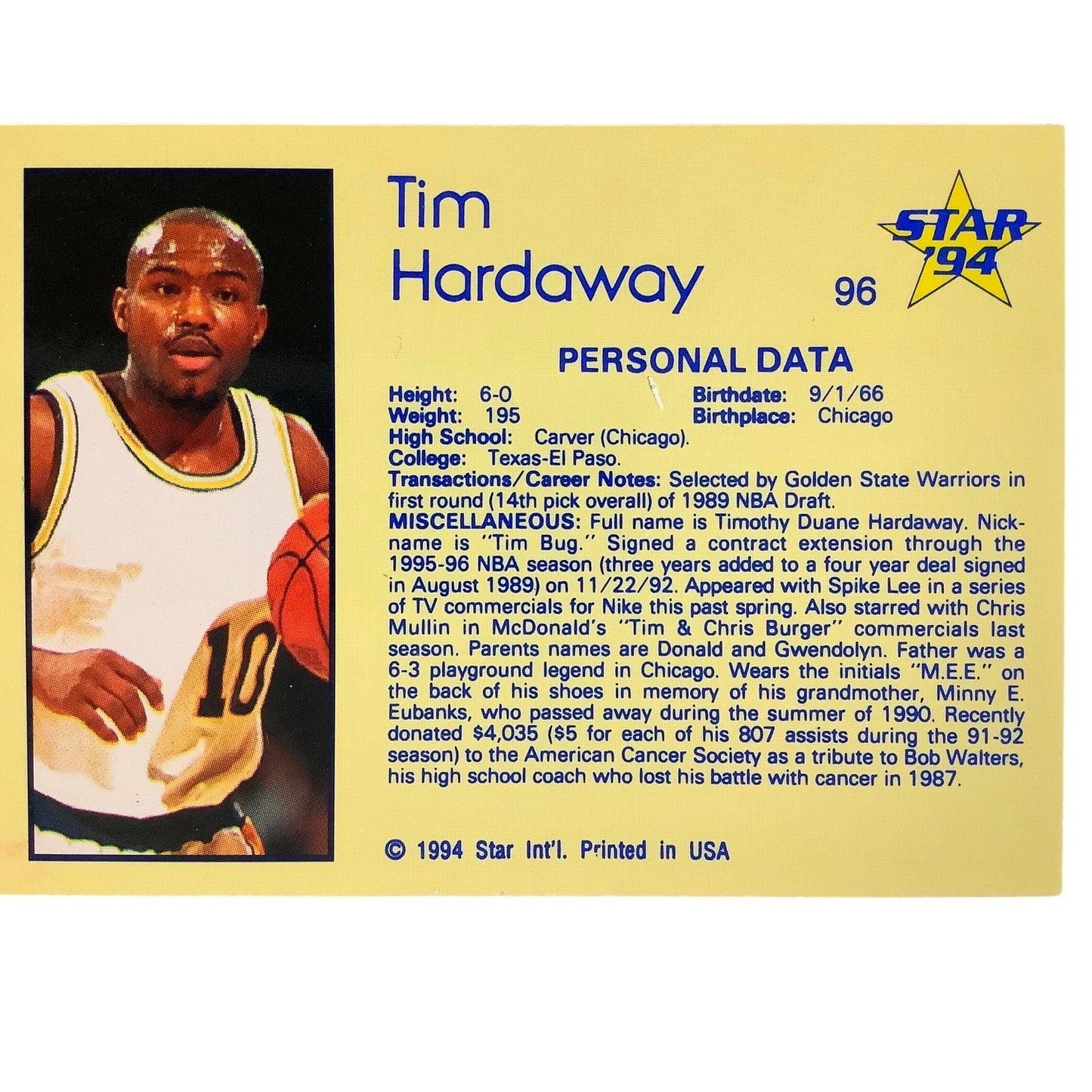 Tim Hardaway, Golden State Warriors, 1994 Star Int'l Personal Data Card 96, NM+