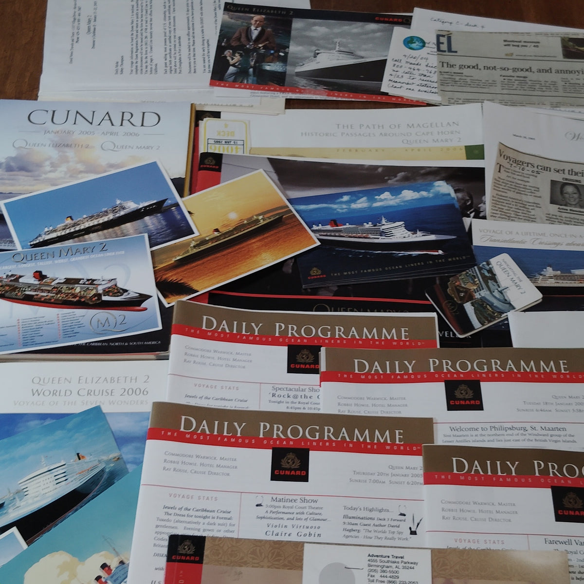 Cunard QM2 Cruise Ephemera Collection 2004-2006 - Daily Programmes, Postcards