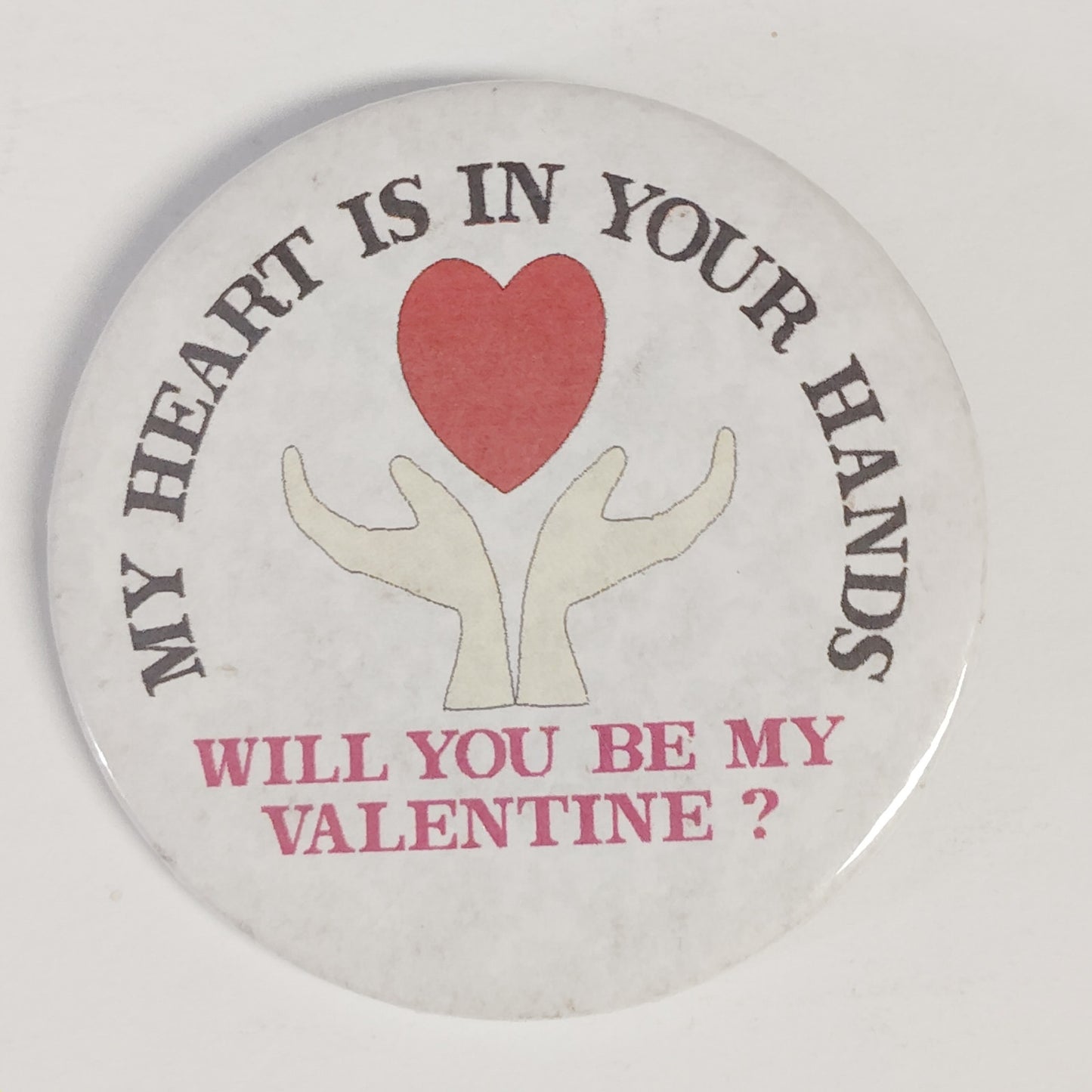 VTG Valentine’s Day Pinback Buttons Badge‑A‑Minit 2‑7/8" Cupid & Heart Hands Set