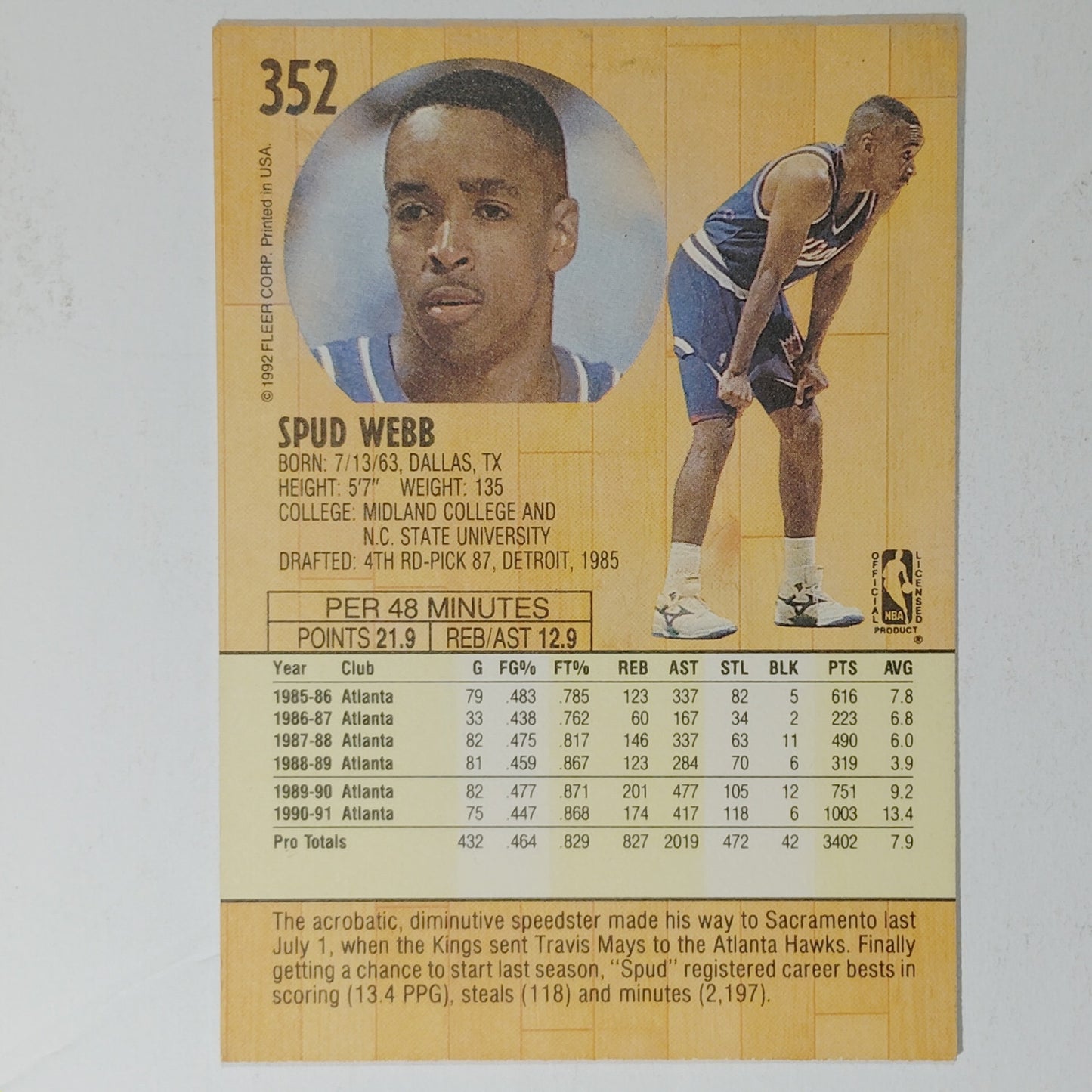 1991–92 Fleer Spud Webb #352 – Sacramento Kings – Guard – VG/EX
