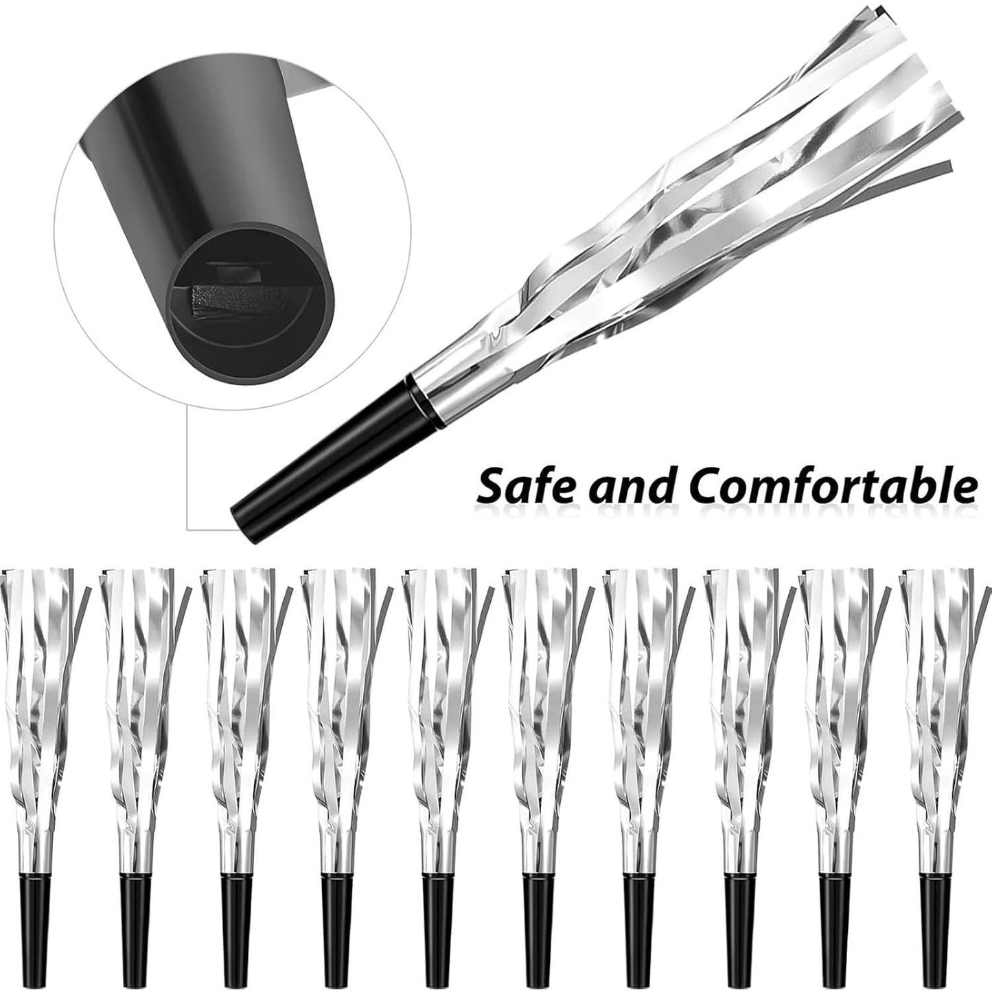 Silver Metallic Noise Makers Set of 24 Fringed Party Blowers Horns Whistles