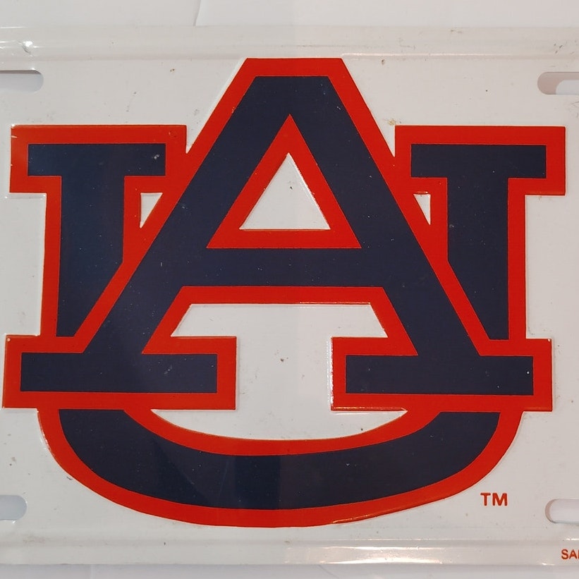 VTG 70s University of Auburn Tigers Car Tag License Plate - White & Navy AU Logo