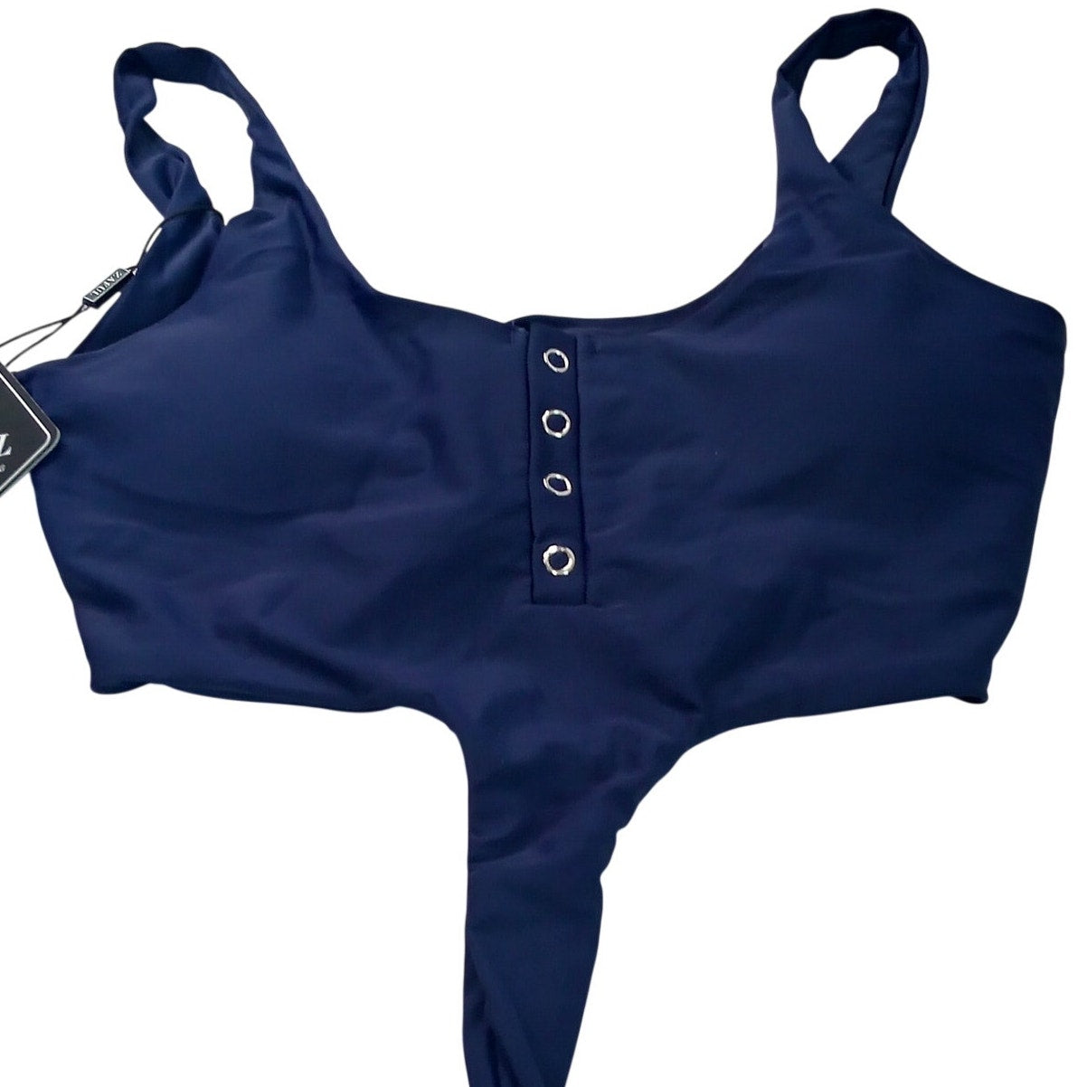 Zaful Navy Button Front Tie Bikini Top Women’s Small (US 4) Tank Style Swim