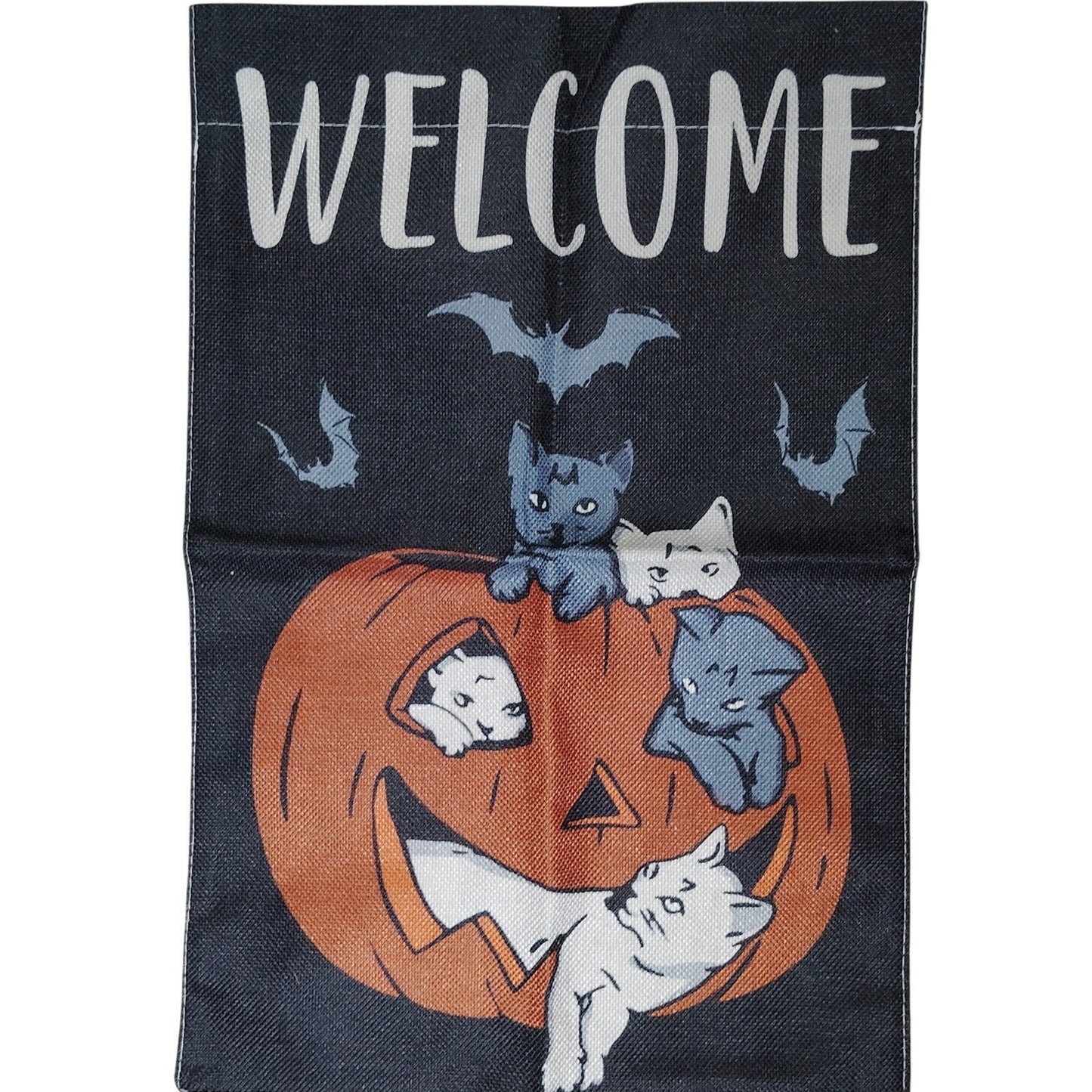 Halloween Garden Flag – Welcome Pumpkin with Kittens & Bats 12x18 Outdoor Décor