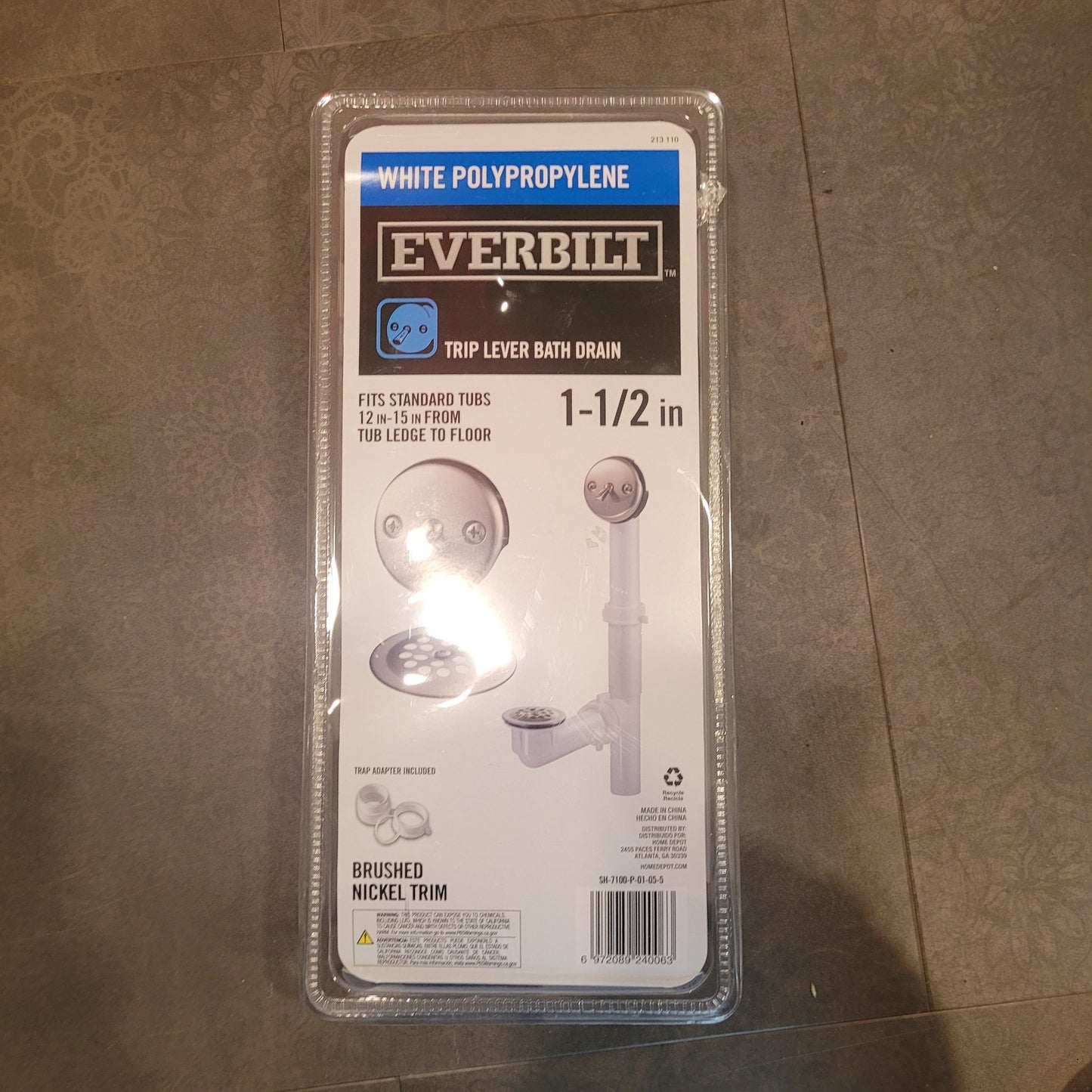 Trip Lever 1-1/2" White Poly Pipe Bath Waste and Overflow Drain, Brushed Nickel