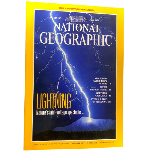 National Geographic July 1993 - Zoo's Taking Down the Bars, Cyprus Reckoning, Lightning, California's North Face, Saving Siberia's Tigers...