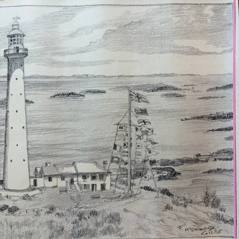 VTG F Kenwood Giles Original Pencil Sketches (2) - Flat Holm Lighthouse, Bermuda